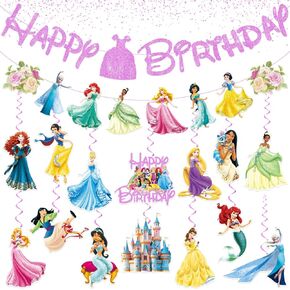 Princess Birthday Party Decorations Include 1pc Glitter Happy Birthday Banner and 14pcs Cute Princess Hanging Swirls for Girls,Pre-Assembled Princess Party Decorations Banner Hanging Swirls