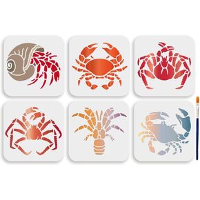 MAYJOYDIY 6Pcs Crab Painting Template 5.9x5.9inchs Reusable Ocean Animal Template Crawling Sea Creatures Stencil PET Hollowing Drawing for Craft on Window Wood Home Decor DIY Canvas