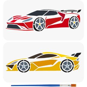 FINGERINSPIRE 2 Pcs Sports Car Painting Stencil with Paint Brush 11.8x5.9inch Reusable Roadster Painting Stencil Car Pattern Decoration Template for Painting on Wall Wood Furniture DIY Home Decor