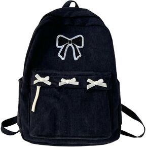 Women's Backpack with Bow Cute Casual Large Capacity Corduroy Laptop Bags Travel Daypacks Mochilas Para Mujer (Black bow2)