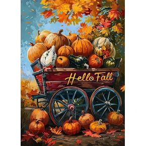 Hello Fall Pumpkin Cart Leaf Diamond Art Kits for Adults, 5D Diamond Painting Kits for Adults Beginners, DIY Full Round Drill Diamond Dot Painting Gem Art Kits for Adult,Home Wall Decor 11.8x15.7 Inch