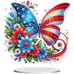DIY Tabletop Diamond Art Kits for Adults, 4th of July Butterfly Stand Up Diamonds Art Painting Kit, Independence Day Special Shaped Rhinestone Desktop Ornaments for Home Office Decoration (Butterfly)