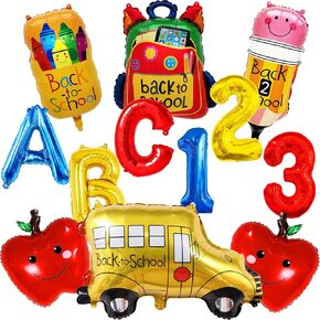 12Pcs Back to School Balloons - 28 inch Welcome School Bus Balloon for First Day of School Decorations - Pencil Apples Crayon Foil Mylar Balloons for Welcome Back to School Party Decorations