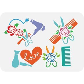 FINGERINSPIRE Hairdresser Salon Painting Stencil 8.3x11.7inch Floral Scissors Stencil Comb Stencil Hairdryer Stencil Hairdressing Tool Pattern Template Haircut Craft Stencil for Painting on Wall Wood
