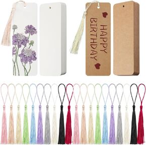 120 Pcs Kraft Paper Blank Cardstock Bookmarks with 100 Pcs Colorful Tassels, White & Brown Kraft, 5.5x2 inch