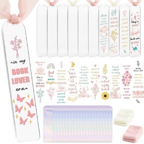 Book Lovers Acrylic Bookmark - 60 Pcs Blanks Reading Accessories Ribbon Clear Bookmarks Bulk Flower UV DTF Sticker for Bookish Crafts Gift DIY Projects Women Kids Students School Supplies