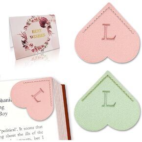 Personalized Leather Heart Bookmark with Initial, Cute Letters Custom Corner Book Mark for Reading Women, Student, Book Lovers, Teacher Appreciation Gifts (Pink+Honeydew Green, H)