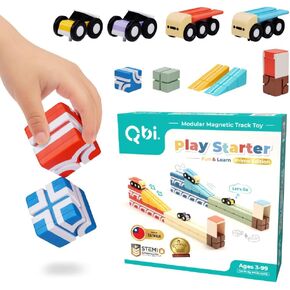 QBI Magnetic Blocks Play Starter Set｜4-in-1 STEM Building Blocks with 4 Cars & 3D Tracks｜Educational Sensory Magnet Toys｜Preschool Montessori Toys for Kids Ages 3-5-8 Year Old Boys and Girls
