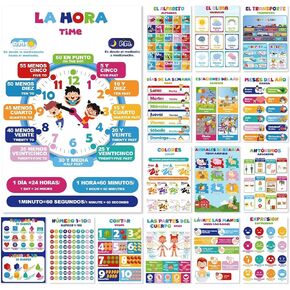 Eggsun 16pcs English Spanish Bilingual Learning Poster for Kids 1 3, Education Learning Chart for Classroom Decoration, Alphabet Numbers Seasons for Kindergarten Preschool 1 2 3Back to School Supplies