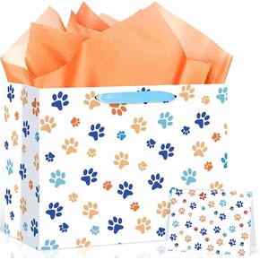 Dog Paw Print Gift Bag Let's Pawty Party Decorations White Puppy Paw Print Gift Wrapping Paper Bag with Greeting Card for Boys Girls Kids Dog Themed Baby Shower Birthday Party Favor Supplies (White Puppy)