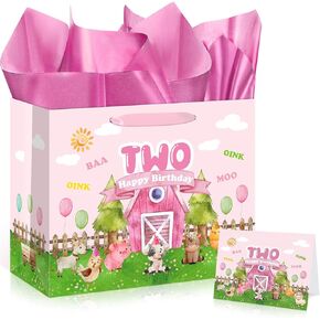 Yomaiha Farm Animals 2nd Birthday Gift Bag with Tissue Papers and Card, Pink Farm Animals 2nd Birthday Gift Wrapping Paper Bag for Girls Barnyard 2 Years Old Party Decorations Supplies 11.8''