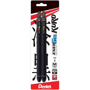 Pentel EnerGel Kuro Liquid Gel Pen, (0.7mm) Medium line, Rubberized Barrel, Refillable Black Ink, 2 Pack