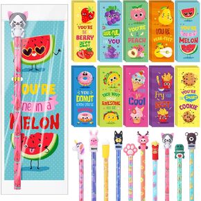 Outus 30 Set Inspirational Gifts Bulk Scratch and Sniff Bookmarks and Scented Pencils with Cute Toppers Funny Pun Stationery Gift for Students Classroom Kids Back to School Supply