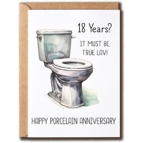 Happy Porcelain Anniversary Card - 18 Years Card - Toilet Card - Punny Card - 18Th Wedding Anniversary Card - Funny Card For Husband Wife