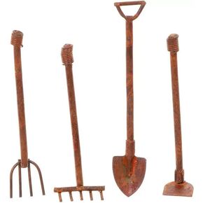 4 Pcs Miniature Dollhouse Garden Tools 1:12 Mini Rusty Shovel Hoe and Pitchfork Fairy Garden Accessories Furniture Ornaments Micro Landscape Decor Garden Sculptures Statues, Decorations