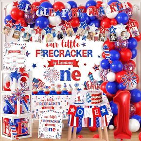 4th of July Birthday Decorations, Little Firecracker First Birthday Party Supplies Backdrop Balloon Box Cake Cupcake Topper Tablecloth for Baby Shower Memorial Day Independence Day Decorations