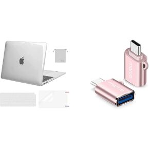 MOSISO Compatible with MacBook Air 13 inch Case 2022, 2021-2018 Release A2337 M1 A2179 A1932, USB C to USB Adapter 2 Pack&Keyboard Cover&Screen Protector&Storage Bag, Transparent&Rose Gold