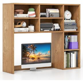 Giantex Desktop Bookshelf, Desk Hutch Dorm w/ 7 Cubes & 3 Adjustable Shelves, Desk Shelf for Up to 27" Computer Monitors, Wooden Desktop Storage Organizer for Dorm College Office Homem, Natural