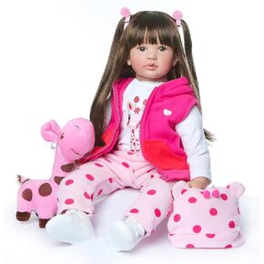 24 Inch Reborn Baby Dolls Lifelike Baby Doll Toddler Girl with Long Hair Weighted Baby Vinyl Limbs & Soft Cloth Body Feeding Kit Toys Birth Certificate Accessories Gifts for Kids Age 3+