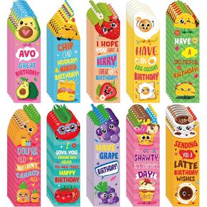 Marspark 60 Pieces Scratch and Sniff Happy Birthday Bookmarks Funny Pun Birthday Scented Bookmarks Fruit Food Theme Sayings for Students Teens Friends Coworker Gift,10 Styles