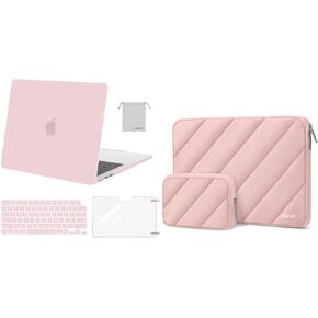 MOSISO Compatible with MacBook Air 13 inch Case 2025 2024 2023 2022 M4 A3240 M3 A3113 M2 A2681, Plastic Hard Shell&Keyboard Cover&Screen Film&Pouch&Left Parallelogram Quilted Puffy Bag, Baby Pink&Pink