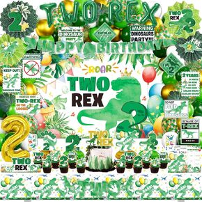 Two Rex Birthday Decorations Boy for 2nd Boys, 131Pcs 2 Rex Dinosaur Dino Party Decor Supplies - Backdrop, Banner, Tablecloth, Centerpieces, Temporary Tattoos, Fans Pompoms, Wall Signs