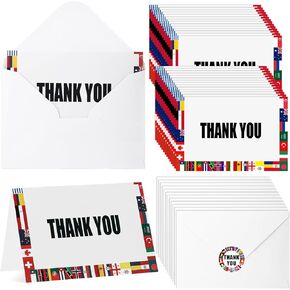 48 Sets World Flags Thank You Cards Bulk 4 x 6'' International Flags Cards with Envelopes Stickers for Back to School Travel Around the World Multicultural Party Favors Home Office Supplies