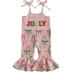 Toddler Baby Girl Christmas Outfit Candy Cane Jumpsuit Spaghetti Strap Jolly Romper Bell Bottoms Outfits