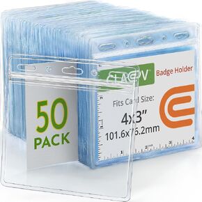 Claev - Horizontal Card Protector - Clear, 4x3 Inch, 50 Pack - Large Clear Waterproof Plastic ID Name Badge Holders for Conferences, Conventions, Offices & Schools