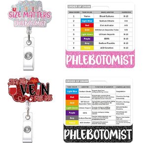 4 Pcs Phlebotomy Badge Reel and Order of Draw Badge Card, Funny Medical Retractable ID Holder and Buddy Card, Phlebotomy Gifts for Phlebotomist