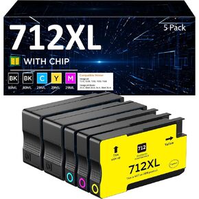 712XL 712 Ink Cartridges High Yield Replacement for HP 712 XL 712 Ink for DesignJet T210 T630 T650 T250 T230 Studio Plotter Printers (5 Pack, 80ML Black, 29ML Cyan/Magenta/Yellow)