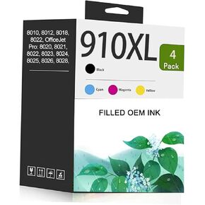 910XL Ink Cartridges Use for HP Printers OfficeJet Pro 8020e 8024e 8025e 8028e 8034e 8035e 3JB41AN 4-Pack (910XLBK 910CMY)