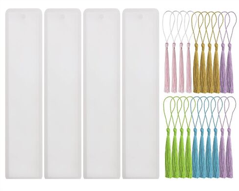 إشارة مرجعية مع شرابات 4pcs مستطيل المجوهرات السيليكون صنع القالب مع 20pcs شرابات حريرية ملونة لاتفاقية الإيبوكسي التي تصب حلي عيد الميلاد علامات الهدية الحرفية (2.5x14 سم ، مستطيل) in Kuwait