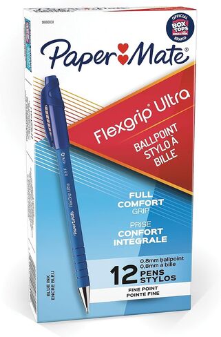 Paper Mate FlexGrip Ultra Stick Ball Pen, Fine Point, 0.80 mm, Blue Barrel, Blue Ink (9660131), Pack of 12 in Saudi Arabia