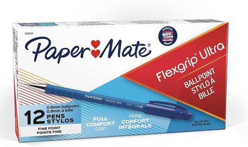 Paper Mate FlexGrip Ultra Stick Ball Pen, Fine Point, 0.80 mm, Blue Barrel, Blue Ink (9660131), Pack of 12 in Saudi Arabia