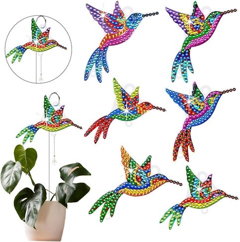 HTTDMY 6 Pcs Diamond Art Kits for Adults, Diamond Painting Crafts Stakes with Pendant for Garden Home Decoration (Hummingbird) in Saudi Arabia
