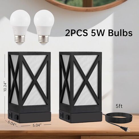 Table Lamp, Set of 2 Rustic Farmhouse Nightstand Lamps, 3 Color Temperatures Desk Lamp with USB Charging Ports AC Outlet Vintage Lamp for Living Room Bed Room, Black in Saudi Arabia
