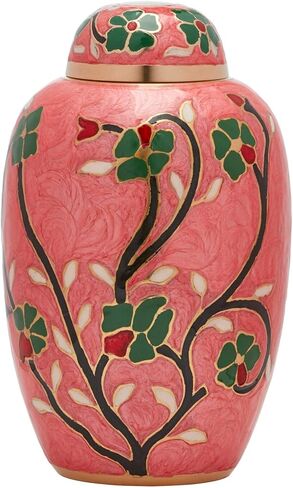 جرة حرق الجثث - جرة جنازة الزهور للرماد البشري - جرة الدفن بلمسة نهائية من طلاء اللاكيه - نحاس 100% - كريم فلورا in Kuwait