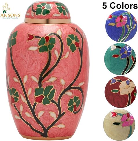 جرة حرق الجثث - جرة جنازة الزهور للرماد البشري - جرة الدفن بلمسة نهائية من طلاء اللاكيه - نحاس 100% - كريم فلورا in Kuwait