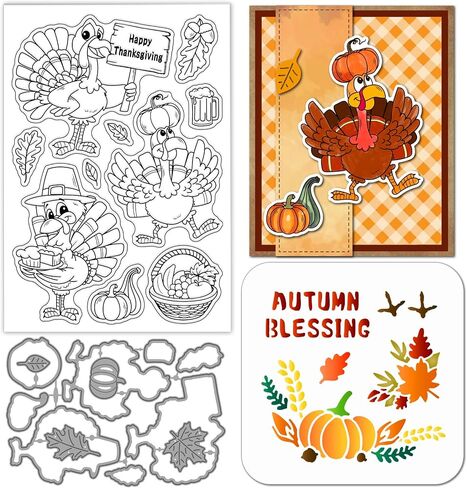 Globleland Fall Turkey Funny Silicone Stamp Metal Metal عيد الشكر قرع قطع القطع قطع الخريف البركة الطلاء الحرف مقرات لصنع البطاقات. in Kuwait