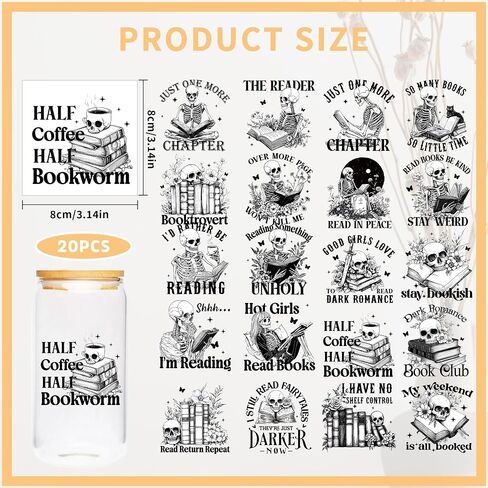 Booklover UV DTF Cup Wraps - 20 Sheet Reading Skeleton UV DTF Transfer, Just One More Chapter UVDTF Cup Wraps for Glass, Waterproof Transfer Sticker, DIY Crafts for Bookworm in Saudi Arabia