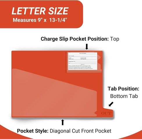 Doctor Stuff - Small Bottom Tab Vinyl Outguides, Diagonal Cut Front Pocket, Top Charge Out Slip Pocket, Plastic File Folder, Letter Size 9" x 13-1/4", Orange, 25/Box in Kuwait