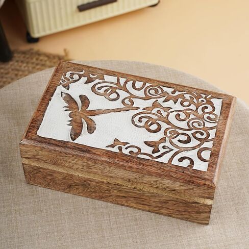 Ajuny Wooden Hand Carved Decorative Box with Celtic Tree Of Life Carvings White - Multipurpose Use As Jewelry Storage, Trinket Holder or Watch Box, Great For Gifts in Saudi Arabia