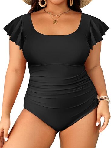 Plus Size One Piece Swimsuit - Women Tummy Control Bathing Suit Ruffle Vintage Swimwear with Sleeves in Saudi Arabia