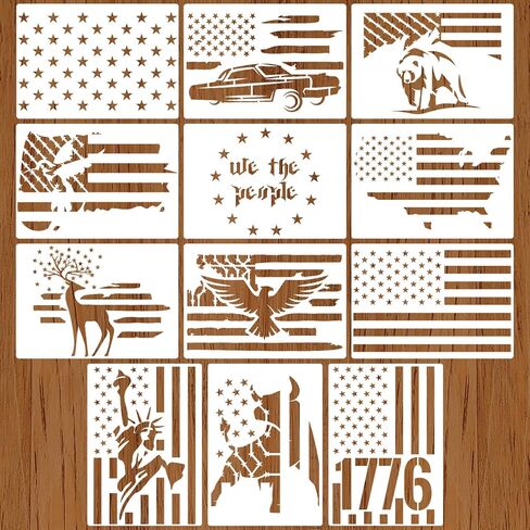 12pcs American Flag Stencils Set, Union 50 Stars and 1776 Patriotic Stencils Flag Star Templates for Painting on Fabric, Wood, Wall, Paper Crafts (5x7 Inch) in Saudi Arabia
