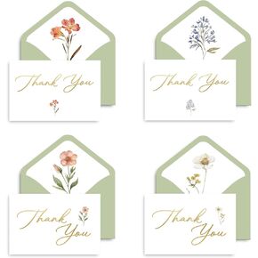 50 Pack Floral Thank You Cards with Envelopes, Bulk Greeting Cards 4x6 Inches, Green Envelopes