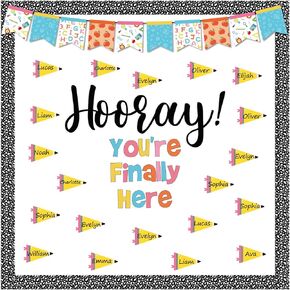 Marspark 76 PC Back to School Bulletin Board Hooray! You're Finally Here Bulletin Board Back to School Decor Pencil Flags Cutouts Classroom Chalkboard Wall Door Decor
