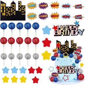 Superhero Cake Toppers Hero Themed Cake Decorations Silver Red Blue Ball Cakes Topper Boom Cupcake Toppers Crash Pow Cupcake Picks for Kids Superhero Theme Birthday Baby Shower Party Supplies
