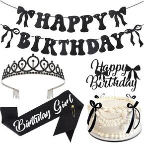 Black Bow Birthday Decorations for Girls - Coquette Birthday Decorations Crown and Sash for Girls Black Bow Banner Cake Topper for Happy Birthday Supplies