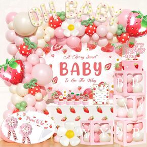 Strawberry Baby Shower Decorations, 140 PCs - Berry Sweet Baby Shower Party Supplies with A Berry Is on the Way Backdrop Balloon, Box, Mom to Be Sash, Tablecloth, Cake Topper